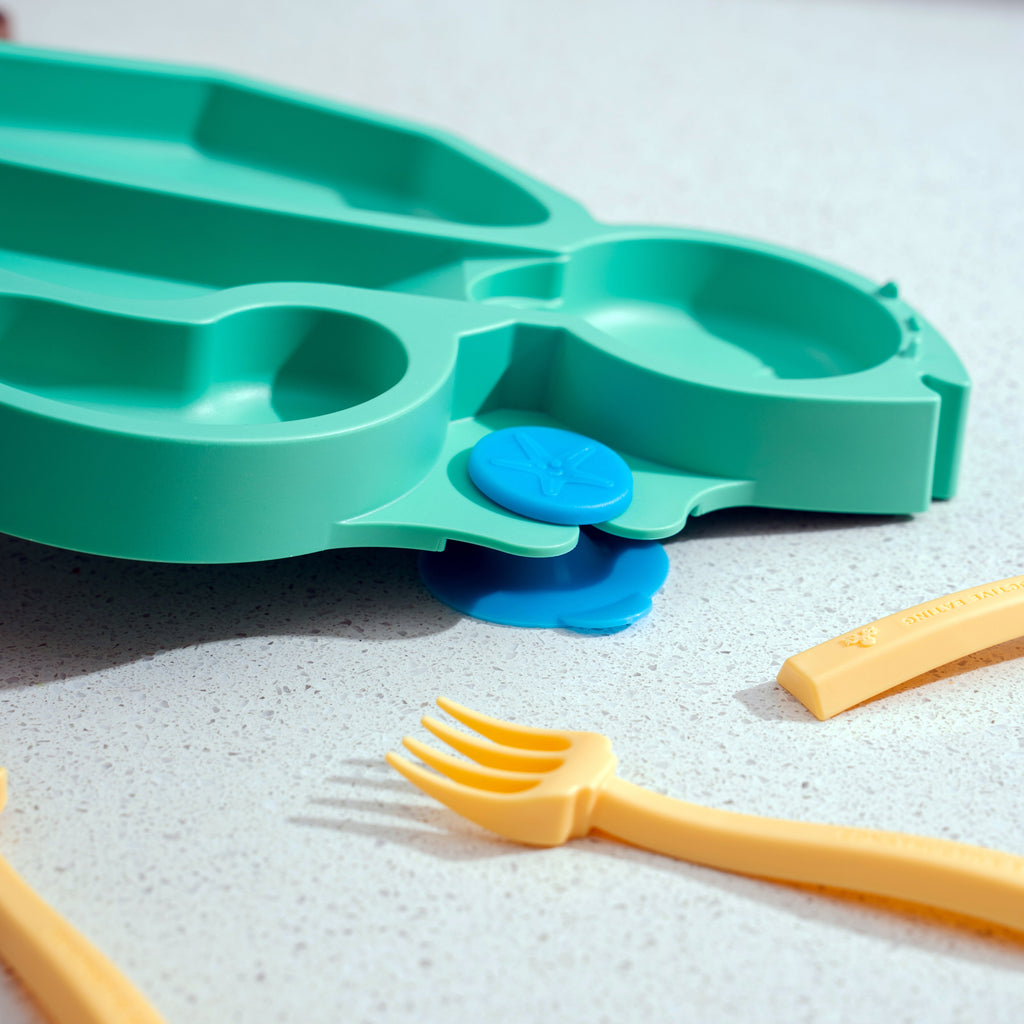 Image showing the suction strength of the training plates. One side of the plate is being lifted while the suction cups keep the other side of the plate stuck to the table.