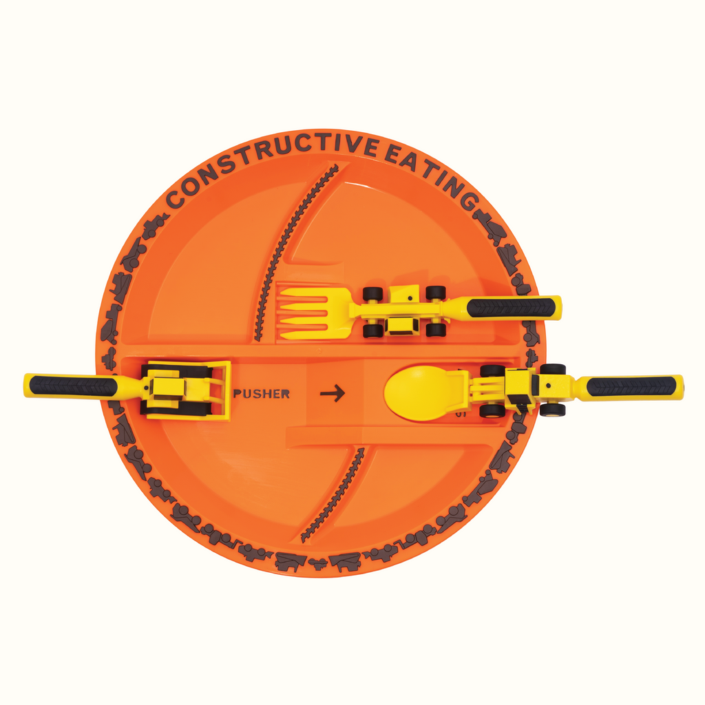 Image of the Construction Utensils and Plate. The yellow utensils include a bull dozer pusher, a fork lift fork, and a front loader spoon. The plate is orange. The utensils are located on their designated spots on the plate.